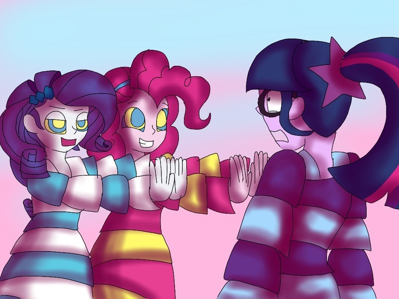 Size: 1024x768 | Tagged: safe, artist:artsymlp12, derpibooru import, pinkie pie, rarity, sci-twi, twilight sparkle, equestria girls, daze, daze pinkie, daze rarity, image, jpeg