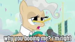 Size: 1920x1080 | Tagged: safe, derpibooru import, edit, edited screencap, screencap, mayor mare, earth pony, pony, season 4, simple ways, caption, female, image, image macro, jpeg, mare, microphone, reaction image, solo, text, why are you booing me i'm right