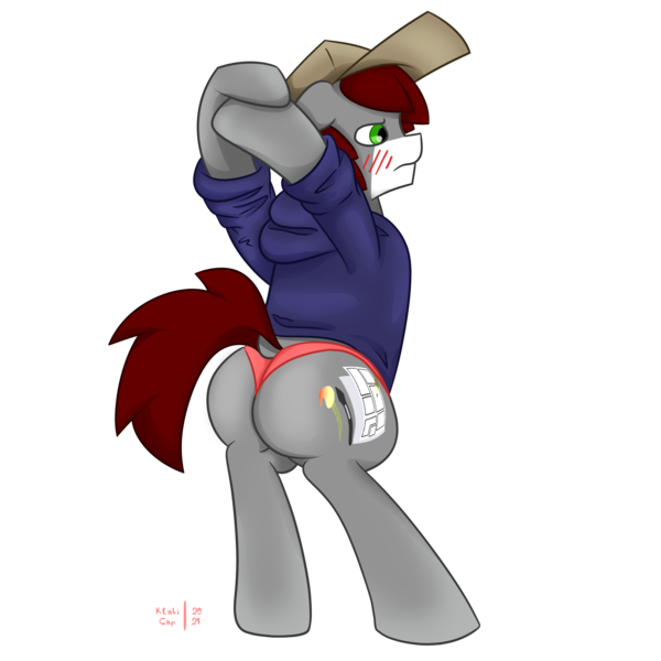 Size: 3191x3191 | Tagged: safe, artist:khaki-cap, derpibooru import, oc, oc:khaki-cap, earth pony, pony, blushing, cap, clothes, cutie mark, dummy thicc, earth pony oc, embarrassed, hat, hoodie, image, jean thicc, male, panties, png, raised tail, rear view, shirt, signature, simple background, stallion, stretching, tail, thicc ass, thong, transparent background, underwear