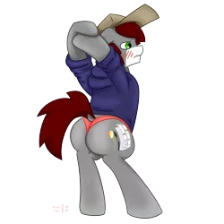 Size: 3191x3191 | Tagged: safe, artist:khaki-cap, derpibooru import, oc, oc:khaki-cap, earth pony, pony, blushing, cap, clothes, cutie mark, dummy thicc, earth pony oc, embarrassed, hat, hoodie, image, jean thicc, male, panties, png, raised tail, rear view, shirt, signature, simple background, stallion, stretching, tail, thicc ass, thong, transparent background, underwear