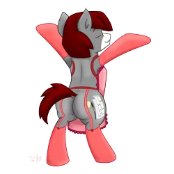 Size: 3191x3191 | Tagged: safe, artist:khaki-cap, derpibooru import, oc, oc:khaki-cap, unofficial characters only, earth pony, apron, butt, clothes, cutie mark, dummy thicc, earth pony oc, eyes closed, hands in the air, happy, image, jean thicc, kinky, large butt, png, praise, presenting, signature, simple background, socks, stockings, thicc ass, thigh highs, transparent background