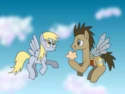 Size: 1280x960 | Tagged: safe, artist:platinumdrop, derpibooru import, derpy hooves, doctor whooves, time turner, earth pony, pegasus, pony, artificial wings, augmented, cloud, female, flying, food, image, jpeg, male, mare, muffin, request, sky, smiling, stallion, wings