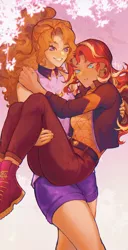 Size: 1093x2128 | Tagged: safe, artist:stummm, derpibooru import, adagio dazzle, sunset shimmer, equestria girls, bridal carry, carrying, clothes, female, geode of empathy, image, jacket, jpeg, lesbian, magical geodes, pants, shipping, shorts, smiling, sunsagio, thighs, tree