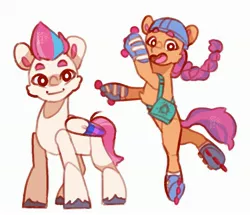 Size: 2901x2500 | Tagged: safe, artist:cocopudu, derpibooru import, sunny starscout, zipp storm, earth pony, pegasus, pony, adorazipp, bag, braid, cute, duo, female, g5, helmet, high res, image, jpeg, looking at you, mare, open mouth, roller skates, simple background, skating, smiling, sunnybetes, unshorn fetlocks, white background