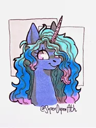Size: 1536x2048 | Tagged: safe, artist:superduperath, derpibooru import, izzy moonbow, pony, unicorn, bust, cute, female, g5, image, izzybetes, jpeg, looking at you, mare, signature, smiling, solo, traditional art