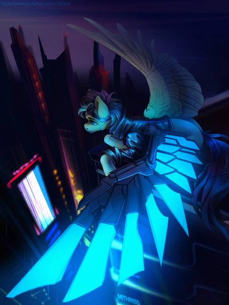 Size: 3000x4000 | Tagged: safe, artist:mithriss, derpibooru import, oc, unofficial characters only, pegasus, pony, amputee, artificial wings, augmented, city, clothes, commission, cyberpunk, flying, goggles, image, jacket, leather jacket, png, prosthetic limb, prosthetic wing, prosthetics, solo, spread wings, twilight (astronomy), wings