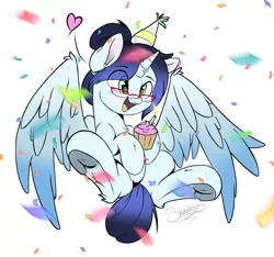 Size: 1280x1200 | Tagged: safe, artist:sketchiix3, derpibooru import, oc, unofficial characters only, alicorn, pony, candle, confetti, cupcake, eye clipping through hair, eyebrows, eyebrows visible through hair, food, frog (hoof), glasses, hat, heart, image, open mouth, party hat, png, smiling, solo, spread wings, underhoof, wings