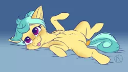 Size: 4000x2250 | Tagged: safe, artist:klarapl, derpibooru import, oc, oc:karoline skies, unofficial characters only, earth pony, pony, belly, chest fluff, cute, ear fluff, female, image, lying down, mare, ocbetes, on back, png, smiling, solo, tail wrap, tongue out