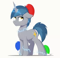 Size: 2000x1921 | Tagged: safe, artist:arcane-thunder, derpibooru import, oc, oc:arcane thunder, unofficial characters only, pony, unicorn, annoyed, atg 2021, balloon, floppy ears, image, male, newbie artist training grounds, png, simple background, solo, stallion, static, static electricity, white background