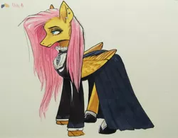 Size: 2804x2187 | Tagged: safe, artist:rover, artist:rrrover, derpibooru import, fluttershy, pegasus, pony, fake it 'til you make it, clothes, dress, goth, gothic fluttershy, image, jpeg, makeup, solo, traditional art