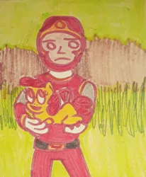 Size: 1280x1555 | Tagged: safe, artist:dex stewart, derpibooru import, apple bloom, earth pony, human, pony, image, jpeg, power rangers, power rangers ninja storm, red ranger, traditional art