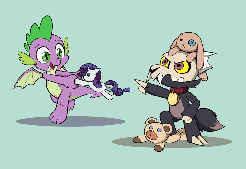 Size: 1600x1100 | Tagged: safe, artist:mew-me, derpibooru import, rarity, spike, bear, dragon, pony, unicorn, blue background, collar, crossover, image, jpeg, king (the owl house), male, open mouth, plushie, simple background, teddy bear, the owl house