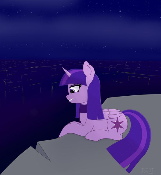 Size: 2048x2224 | Tagged: safe, artist:ionlydrawtwi, twilight sparkle, twilight sparkle (alicorn), alicorn, pony, descended twilight, abstract background, cliff, cloud, ethereal mane, female, grin, image, mare, night, png, sky, smiling, solo, starry mane, starry tail, stars