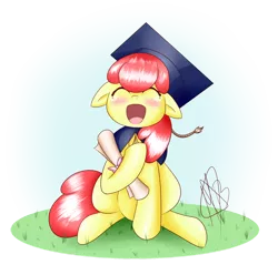 Size: 1024x1014 | Tagged: safe, artist:magicbriz, derpibooru import, apple bloom, pony, blushing, crying, female, filly, floppy ears, graduation, graduation cap, happy, hat, image, png, simple background, solo, tears of joy, transparent background