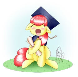 Size: 2000x1980 | Tagged: safe, artist:magicbriz, derpibooru import, apple bloom, pony, atg 2021, blushing, crying, female, filly, floppy ears, graduation, graduation cap, happy, hat, image, newbie artist training grounds, png, simple background, solo, tears of joy, transparent background