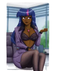 Size: 3907x4688 | Tagged: suggestive, artist:king-kakapo, artist:mrscurlystyles, edit, editor:drtoughlove, twibooru exclusive, twilight sparkle, human, beautiful, black underwear, blackwashing, blazer, blue hair, bra, breasts, business suit, busty twilight sparkle, cleavage, clothes, collaboration, colored, cutie mark, dark skin, day, eyelashes, female, humanized, image, indoors, jacket, jewelry, legs, lips, long hair, looking at you, mature, multicolored hair, necklace, office, open clothes, open shirt, pantyhose, pink hair, png, purple hair, seductive look, shirt, side slit, sitting, skin color edit, skirt, skirt suit, solo, solo female, stereo, stupid sexy twilight, suit, thighs, tree, underwear, window