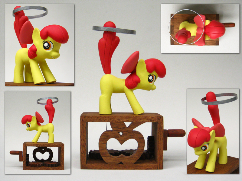 Size: 2272x1704 | Tagged: safe, artist:renegadecow, derpibooru import, apple bloom, earth pony, pony, automaton, craft, female, filly, image, jpeg, loop-de-hoop, sculpture, solo, toy, woodwork
