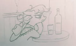 Size: 1815x1086 | Tagged: safe, artist:saby, derpibooru import, applejack, pony, alternate hairstyle, bags under eyes, bottle, bust, commission, derpibooru exclusive, glass, hair bun, hangover, henri de toulouse-lautrec, image, implied alcoholism, indoors, jpeg, leaning forward, lineart, looking away, monochrome, older, pastiche, pencil drawing, sitting, solo, table, traditional art, unamused