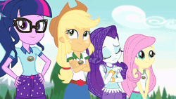 Size: 720x405 | Tagged: safe, derpibooru import, edit, edited screencap, screencap, applejack, fluttershy, pinkie pie, rainbow dash, rarity, sci-twi, sunset shimmer, twilight sparkle, equestria girls, legend of everfree, animated, camp everfree outfits, confetti, explosion, eyes closed, gif, goddammit pinkie, image, mushroom cloud, party grenade, pier, pinkie being pinkie, streamers