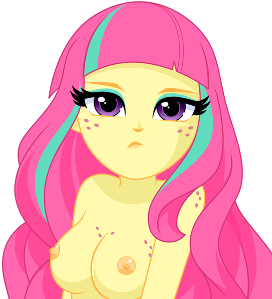 Size: 865x950 | Tagged: questionable, artist:rosemile mulberry, derpibooru import, sour sweet, equestria girls, alternate hairstyle, body freckles, boob freckles, breasts, busty sour sweet, chest freckles, clothes, cute, eyeshadow, female, freckles, image, long hair, looking at you, loose hair, makeup, nipples, nudist sour sweet, nudity, partial nudity, png, shoulder freckles, simple background, solo, solo female, sourbetes, topless, unamused, very long hair