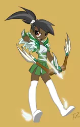Size: 1034x1642 | Tagged: safe, artist:didj, edit, rainbow dash, human, my little mages, archer, archer dash, archery, arrow, blackwashing, bow and arrow, bow (weapon), dark skin, fantasy class, hair edit, human coloration, humanized, image, png, skin color edit, skinny, weapon, winged shoes