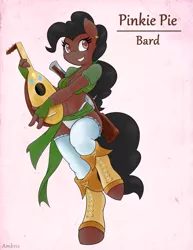 Size: 791x1024 | Tagged: suggestive, artist:ambris, edit, pinkie pie, anthro, unguligrade anthro, adventuring is magic, bard, bard pie, belly button, blackwashing, blunderbuss, breasts, brown fur, cleavage, clothes, clothes edit, colored pupils, eye color change, fantasy class, female, gun, hair edit, image, lute, midriff, multiple variants, musical instrument, panties, png, raised leg, rifle, solo, underwear, weapon, white underwear