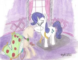 Size: 1280x998 | Tagged: safe, artist:pianoflagerag, derpibooru import, rarity, unicorn, atg 2021, carousel boutique, clothes, crying, dress, embarrassed, image, jpeg, mannequin, newbie artist training grounds, traditional art