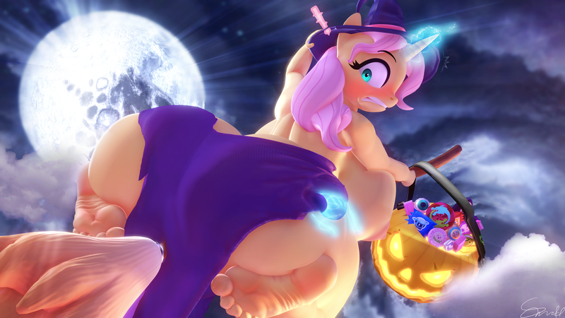 Size: 3840x2160 | Tagged: questionable, artist:snuddy, fluttershy, anthro, plantigrade anthro, unicorn, 3d, ass, big breasts, blushing, breasts, broom, busty fluttershy, butt, candy, clothes, costume, feet, female, flutterbutt, flying, flying broomstick, food, full moon, gritted teeth, halloween, hand, hat, holiday, huge breasts, huge butt, image, large butt, looking back, magic, magic hands, mare in the moon, moon, night, nipples, nudity, partial nudity, png, pumpkin bucket, rearboob, soles, solo, solo female, source filmmaker, topless, unicorn fluttershy, wide eyes, witch, witch costume, witch hat