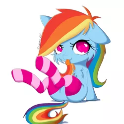 Size: 1080x1080 | Tagged: suggestive, artist:fajnyziomal, derpibooru import, rainbow dash, pegasus, pony, :p, clothes, commission, image, png, socks, solo, stockings, striped socks, thigh highs, tongue out, your character here
