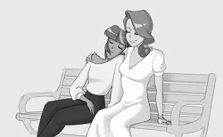 Size: 3390x2085 | Tagged: safe, artist:llama_draws, derpibooru import, rarity, twilight sparkle, human, arm around neck, bench, clothes, dress, eyes closed, fanfic art, female, gray background, grayscale, hand on shoulder, humanized, image, lesbian, monochrome, off shoulder, png, rarilight, shipping, simple background