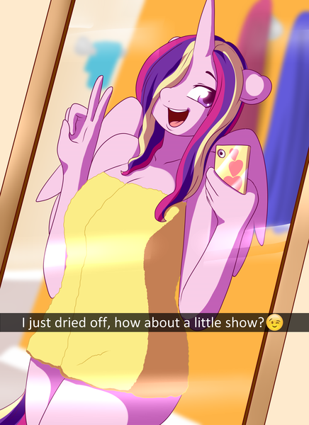 Size: 2000x2750 | Tagged: questionable, artist:spunkubus, banned from derpibooru, deleted from derpibooru, derpibooru import, princess cadance, alicorn, anthro, breasts, emoji, female, floppy ears, folio:royal selfie, image, looking at you, mirror, mobile phone, nudity, open mouth, peace sign, phone, png, selfie, smartphone, smiling, snapchat, solo, solo female, text, towel