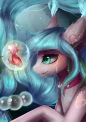 Size: 2059x2912 | Tagged: safe, artist:wilvarin-liadon, derpibooru import, oc, unofficial characters only, fish, pegasus, pony, blue eyes, blue mane, bubble, collar, commission, crepuscular rays, ear fluff, eyelashes, female, flowing mane, flowing tail, image, jpeg, logo, ocean, smiling, solo, sunlight, tail, underwater, water