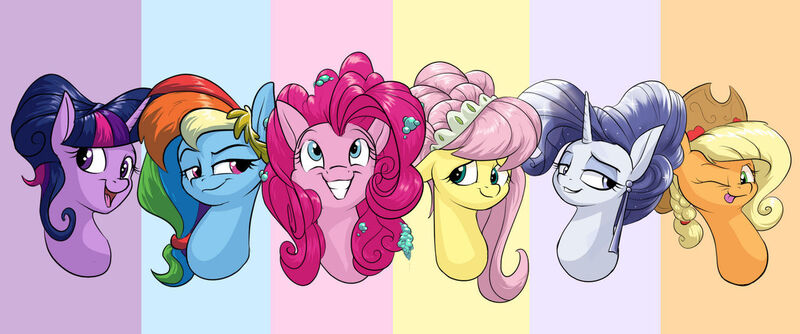 Size: 1280x534 | Tagged: safe, artist:rocket-lawnchair, derpibooru import, applejack, fluttershy, pinkie pie, rainbow dash, rarity, twilight sparkle, alternate hairstyle, bust, female, image, jpeg, mane six, modelshy