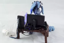 Size: 1280x854 | Tagged: safe, artist:azgchip, derpibooru import, princess luna, alicorn, pony, angry, computer, craft, female, headphones, image, jpeg, mare, monitor, photo, s1 luna, sculpture, solo, table, wires