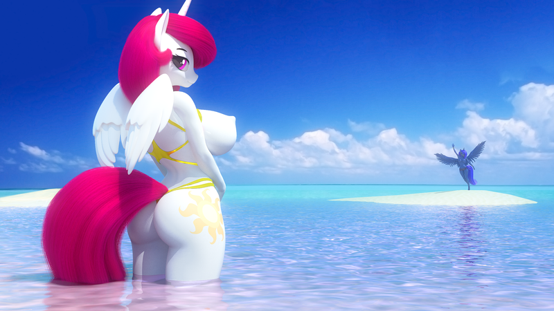 Size: 2560x1440 | Tagged: questionable, artist:eqamrd, derpibooru import, princess celestia, princess luna, alicorn, anthro, pony, princess molestia, 3d, 3ds max, alternate hair color, ass, beach, big breasts, breasts, busty princess celestia, busty princess luna, butt, clothes, duo, duo female, female, females only, horn, image, island, latex shorts, looking at you, mare, nipples, nudity, patreon, patreon logo, png, red mane, red tail, siblings, sideboob, sisters, sky, spread wings, summer, sunbutt, sunlight, swimsuit, water, wings