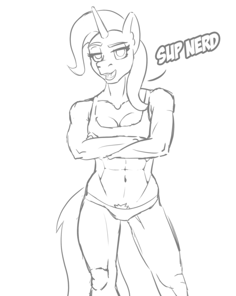 Size: 2000x2500 | Tagged: suggestive, artist:cocaine, derpibooru import, trixie, anthro, unicorn, abs, clothes, dialogue, female, grand and muscular trixie, image, looking at you, monochrome, muscles, muscular female, png, pubic hair, sassy, sketch