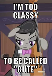 Size: 411x600 | Tagged: safe, derpibooru import, edit, edited screencap, editor:twi clown, screencap, octavia melody, earth pony, pony, slice of life (episode), blatant lies, bowtie, caption, cello, cropped, female, floppy ears, i'm not cute, image, image macro, mare, musical instrument, octavia is not amused, png, solo, text, unamused