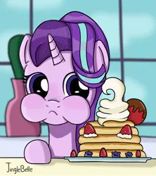 Size: 1822x2048 | Tagged: safe, artist:jinglebelle_komori, derpibooru import, starlight glimmer, pony, unicorn, a royal problem, aweeg*, bust, cheek squish, eyelashes, female, food, image, indoors, jpeg, mare, pancakes, scene interpretation, smiling, solo, squishy cheeks