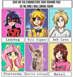 Size: 1949x2048 | Tagged: safe, artist:jinglebelle_komori, derpibooru import, fluttershy, human, pegasus, pony, six fanarts, ash lynx, banana fish, bill cipher, clothes, crossover, female, gravity falls, humanized, image, jpeg, mabel pines, male, mare, marinette dupain-cheng, miraculous ladybug, one eye closed, raised hoof, smiling, wings, wink