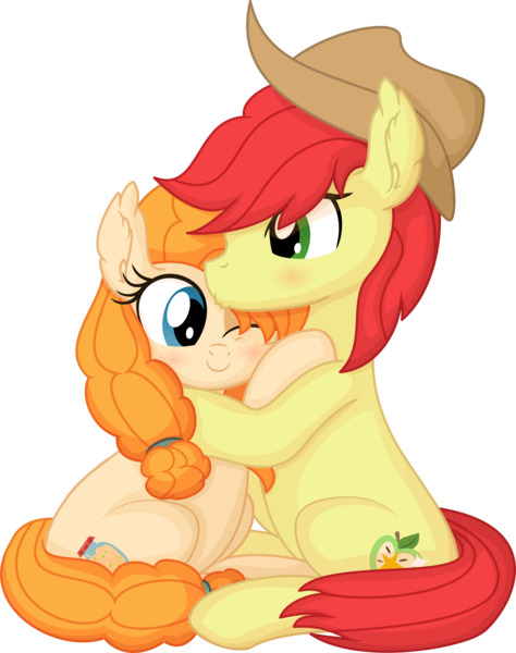 Size: 6357x8041 | Tagged: safe, artist:cyanlightning, derpibooru import, bright mac, pear butter, earth pony, pony, .svg available, absurd resolution, blushing, brightbutter, cute, duo, ear fluff, female, forehead kiss, hat, hug, image, kissing, male, mare, png, shipping, simple background, smiling, stallion, straight, transparent background, vector