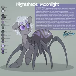 Size: 2000x2000 | Tagged: safe, artist:fluffyxai, derpibooru import, oc, oc:nightshade moonlight, unofficial characters only, drider, monster pony, original species, pony, spider, spiderpony, claws, fangs, image, multiple eyes, png, pony hybrid, reference sheet, spider legs, text