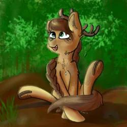 Size: 3870x3874 | Tagged: safe, artist:kalashnikitty, derpibooru import, oc, oc:kalaya, deer, deer pony, hybrid, original species, antlers, braid, cute, :d, female, image, nature, ocbetes, png, sitting