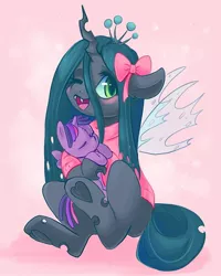 Size: 800x1000 | Tagged: safe, artist:vaffiart, artist:valeria_fills, derpibooru import, queen chrysalis, twilight sparkle, alicorn, changeling, changeling queen, bow, clothes, cute, cutealis, fangs, female, hair bow, heart, heart hoof, image, jpeg, one eye closed, open mouth, open smile, smiling, solo, sweater, twilight sparkle (alicorn), twilight sparkle plushie