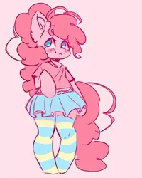 Size: 700x875 | Tagged: safe, artist:vaffiart, artist:valeria_fills, derpibooru import, pinkie pie, earth pony, semi-anthro, clothes, female, image, jpeg, pink background, shirt, simple background, skirt, socks, solo, striped socks, thigh highs, t-shirt