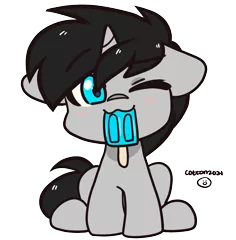 Size: 1969x2000 | Tagged: safe, artist:cottonsweets, derpibooru import, oc, oc:cyan delta, unicorn, commission, cute, floppy ears, food, image, male, one eye closed, png, popsicle, solo, ych result