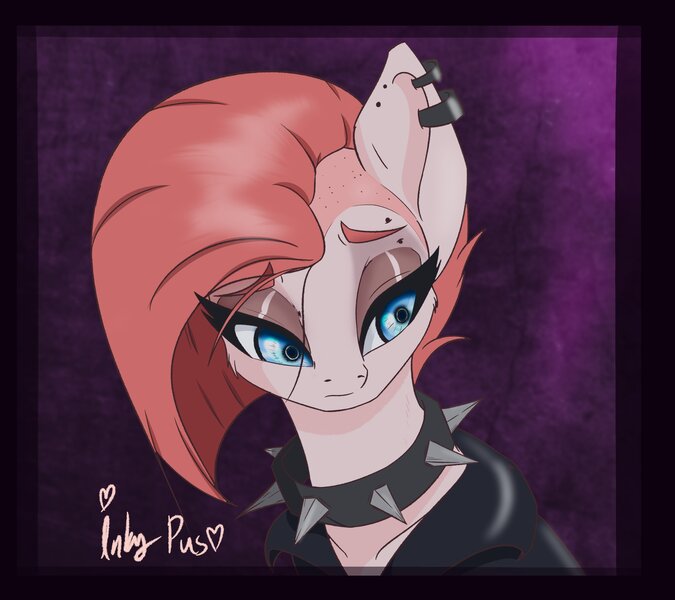 Size: 3600x3200 | Tagged: safe, artist:inkypuso, derpibooru import, pinkie pie, earth pony, pony, alternate hairstyle, bust, choker, clothes, ear piercing, earring, eyebrow piercing, eyeshadow, female, image, jewelry, jpeg, makeup, mare, piercing, pinkamena diane pie, punkamena, punkie pie, solo, spiked choker