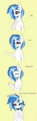 Size: 3593x11468 | Tagged: safe, artist:inkypuso, derpibooru import, pony, semi-anthro, unicorn, comic, female, image, mare, mute vinyl, png, sign language, simple background, smiling, solo, yellow background