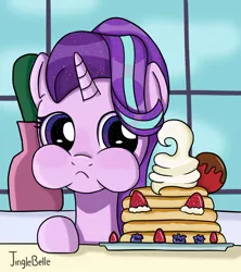 Size: 1275x1433 | Tagged: safe, artist:jinnglebelle, derpibooru import, starlight glimmer, pony, unicorn, aweeg*, eating, female, food, image, jpeg, mare, pancakes, solo