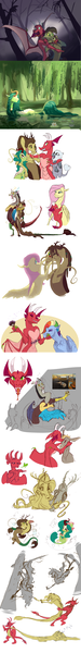 Size: 1040x8280 | Tagged: safe, artist:varwing, derpibooru import, discord, fluttershy, rainbow dash, oc, oc:athena (varwing), oc:clear, oc:leaflitter, oc:spring blossom, draconequus, dragon, gryphon, hybrid, kirin, pony, adopted offspring, image, interspecies offspring, offspring, parent:discord, parent:fluttershy, parents:discoshy, png, sketch, the persistence of memory