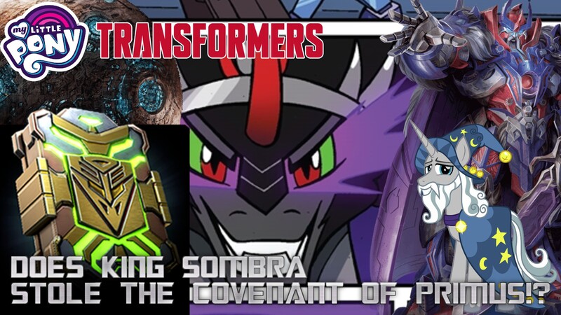 Size: 1920x1080 | Tagged: safe, artist:robertsonskywa1, derpibooru import, king sombra, star swirl the bearded, alpha trion, book, covenant of primus, cybertron, image, jpeg, my little pony logo, photo, question, text, the magic of cybertron, thumbnail, transformers, transformers logo, youtube thumbnail